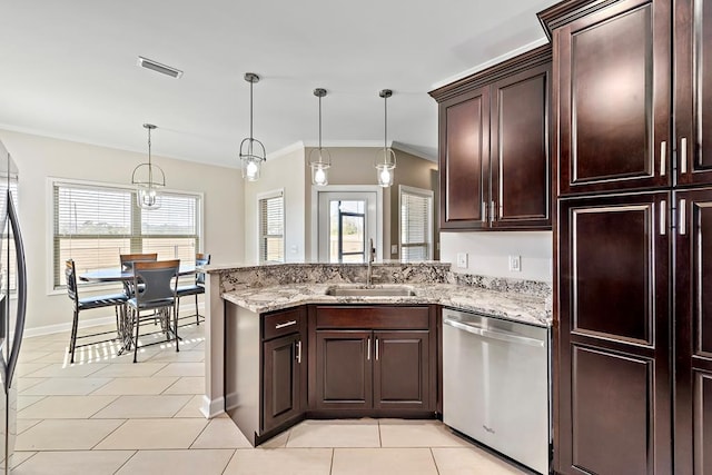 kitchen featuring sink, stainless steel dishwasher, a notable chandelier, pendant lighting, and light tile patterned floors