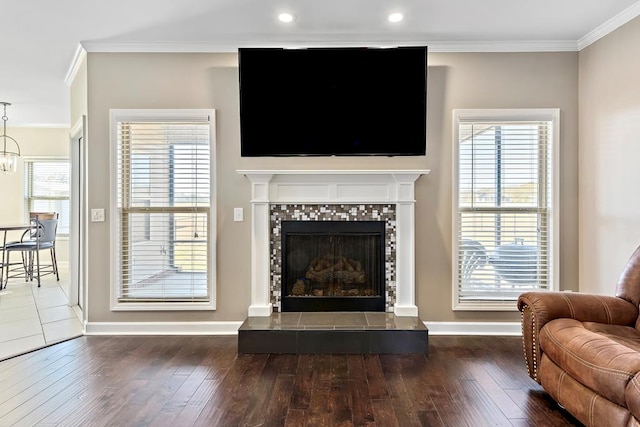 living room featuring a fireplace, dark hardwood / wood-style flooring, a wealth of natural light, and ornamental molding