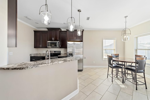 kitchen with dark brown cabinetry, ornamental molding, pendant lighting, and appliances with stainless steel finishes