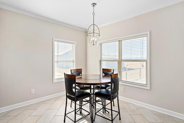 dining room with a chandelier, ornamental molding, and light tile patterned flooring