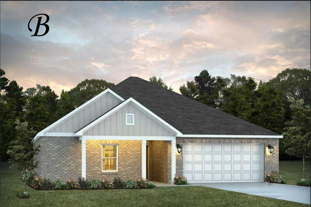 view of front of home featuring brick siding, roof with shingles, concrete driveway, board and batten siding, and a garage