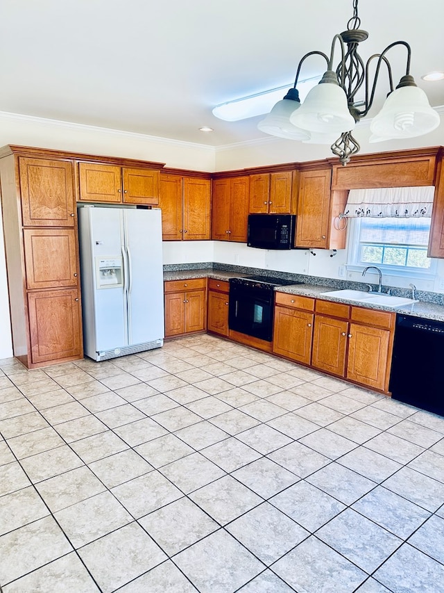 kitchen with sink, decorative light fixtures, ornamental molding, and black appliances