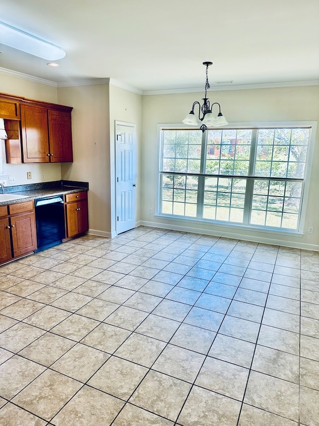 kitchen with dishwasher, a healthy amount of sunlight, decorative light fixtures, and a notable chandelier