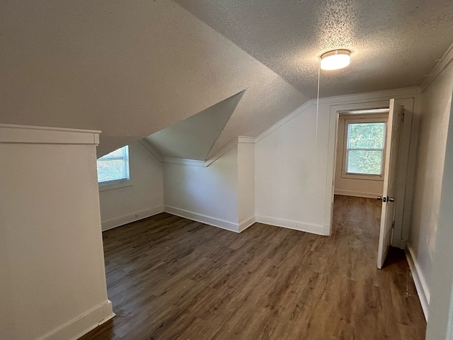 bonus room featuring a textured ceiling, dark wood-type flooring, and lofted ceiling