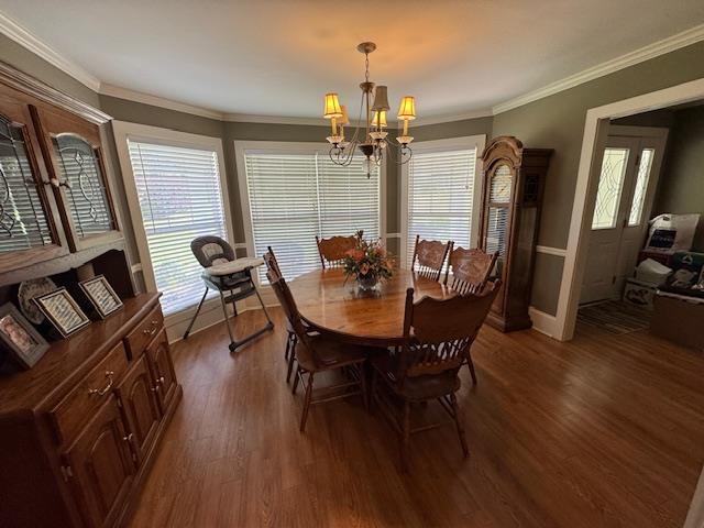 208 Craftsman Dr, Dothan, AL 36303 - dining room with a chandelier, dark wood-style flooring, healthy amount of natural light, and crown molding