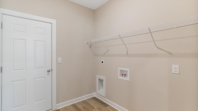 310 Heritage Way, Headland, AL 36345 - clothes washing area featuring laundry area, baseboards, hookup for a washing machine, light wood-style floors, and electric dryer hookup