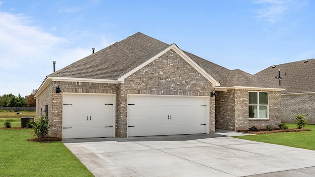 view of front of property featuring a front yard, a garage, and central air condition unit