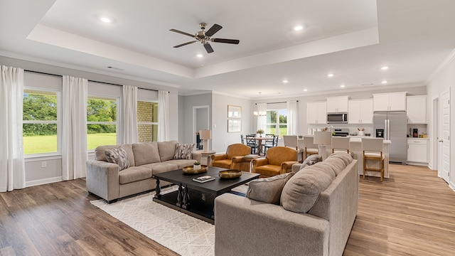 living room featuring a tray ceiling, plenty of natural light, and light hardwood / wood-style floors