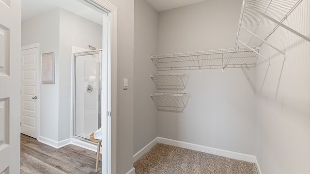 walk in closet with hardwood / wood-style flooring