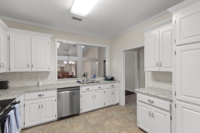 kitchen featuring sink, white cabinets, dishwasher, and range with electric stovetop