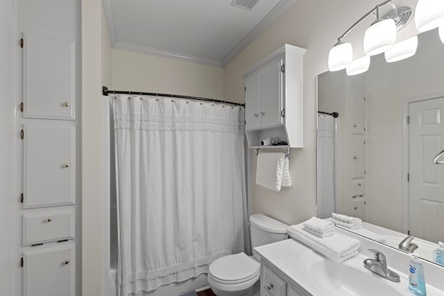 full bathroom with toilet, crown molding, shower / bath combo, and vanity