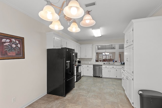 kitchen featuring decorative light fixtures, white cabinets, an inviting chandelier, and black appliances