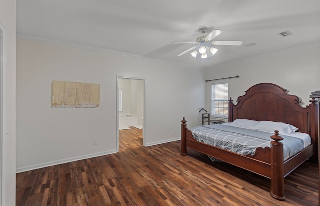 bedroom featuring ceiling fan, ornamental molding, and dark hardwood / wood-style floors