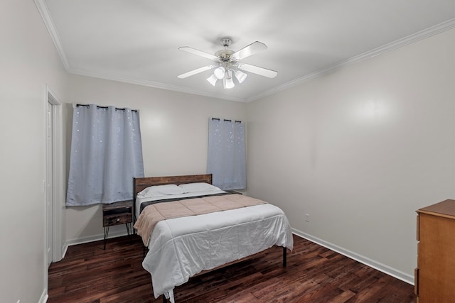 bedroom featuring ceiling fan, ornamental molding, and dark hardwood / wood-style floors