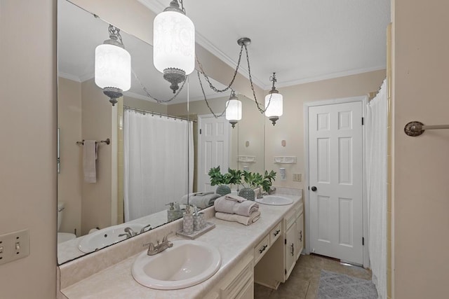 bathroom with vanity, tile patterned floors, and crown molding