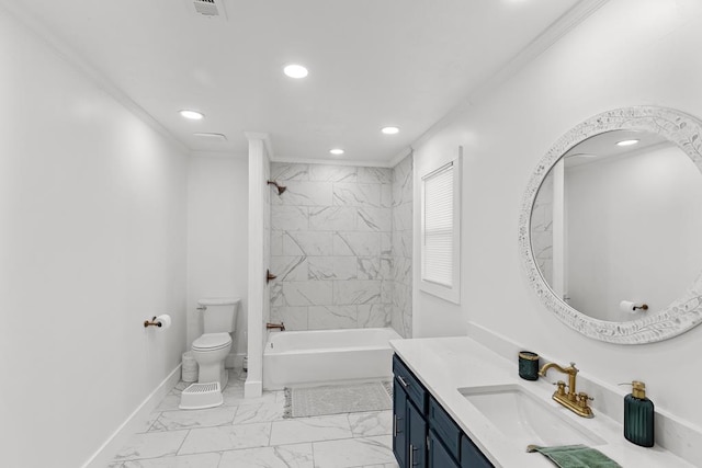 full bathroom featuring vanity, ornamental molding, tiled shower / bath combo, and toilet