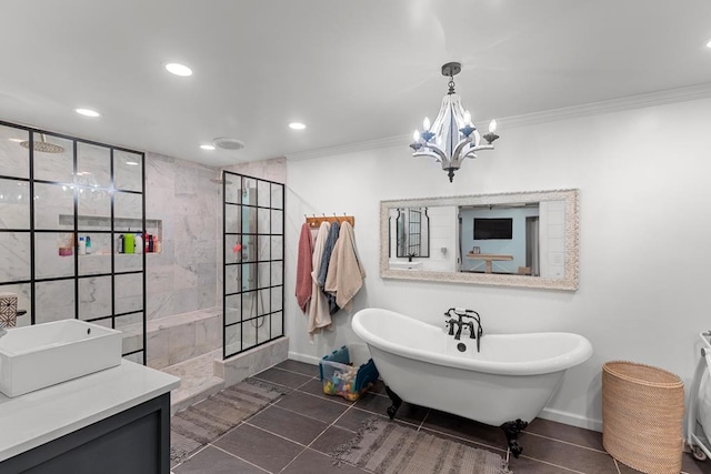 bathroom featuring tile patterned flooring, an inviting chandelier, separate shower and tub, and crown molding