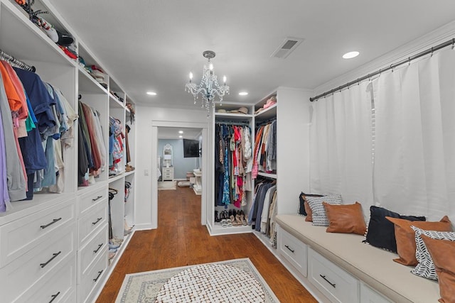 spacious closet with a chandelier and dark wood-type flooring