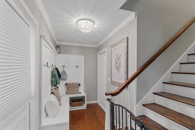 mudroom with a notable chandelier, dark hardwood / wood-style floors, ornamental molding, and a textured ceiling