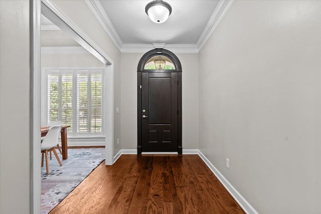 entrance foyer featuring baseboards, ornamental molding, and dark wood-style floors