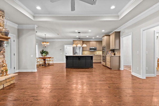 kitchen with a center island, light countertops, a raised ceiling, and appliances with stainless steel finishes