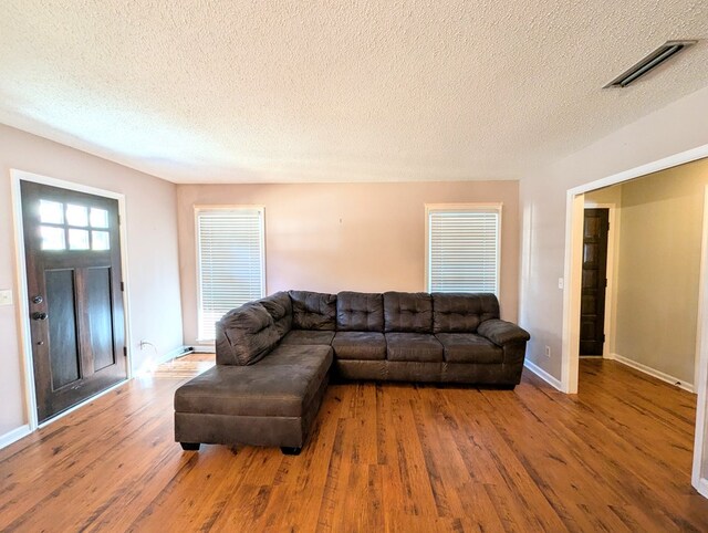 living room with wood-type flooring and a textured ceiling