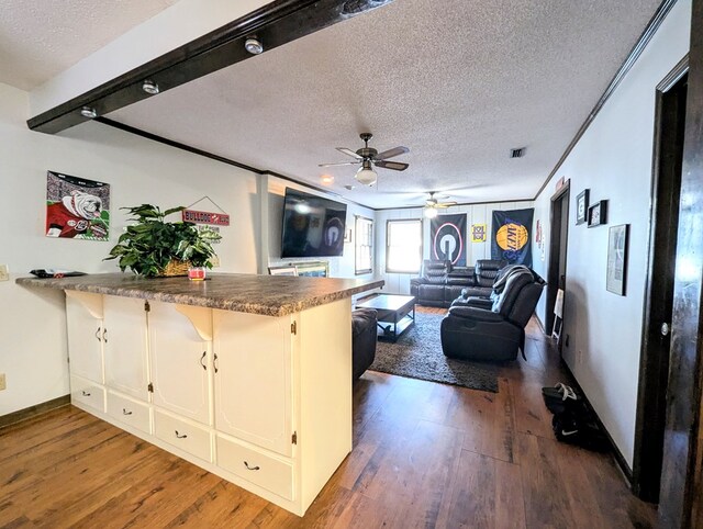 kitchen with ceiling fan, dark hardwood / wood-style flooring, ornamental molding, and a textured ceiling