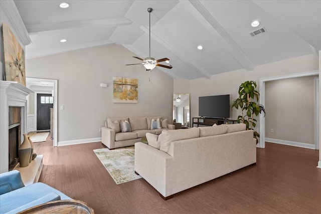 459 Paxton, Dothan, AL 36301 - living room featuring a ceiling fan, wood finished floors, baseboards, a fireplace with raised hearth, and recessed lighting