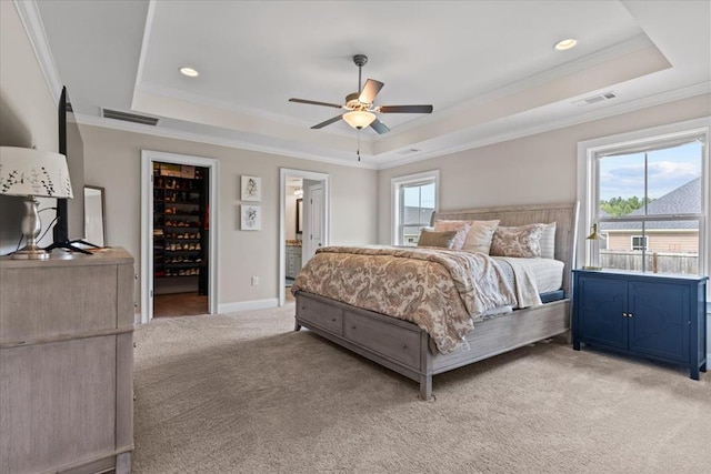 459 Paxton, Dothan, AL 36301 - bedroom with a tray ceiling, ornamental molding, light carpet, baseboards, and ceiling fan