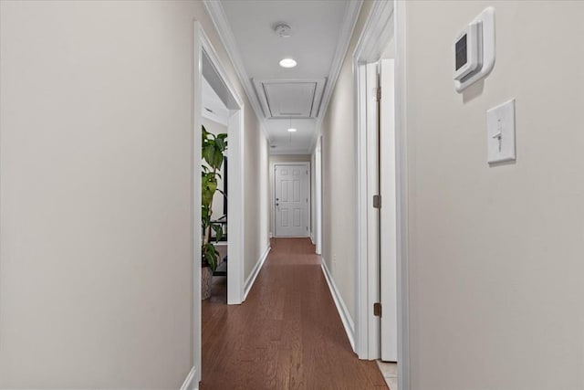 459 Paxton, Dothan, AL 36301 - corridor featuring attic access, dark wood-style floors, and baseboards