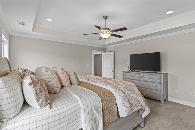 459 Paxton, Dothan, AL 36301 - bedroom with a tray ceiling, carpet flooring, crown molding, recessed lighting, and a ceiling fan