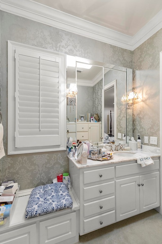 6 Williamsburg Pl, Dothan, AL 36305 - bathroom with wallpapered walls, ornamental molding, and vanity