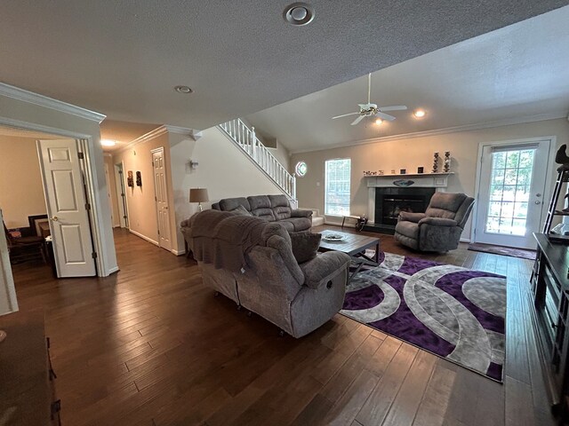 123 Waterford Way, Ashford, AL 36321 - living room with a ceiling fan, ornamental molding, stairway, dark wood-type flooring, and a textured ceiling