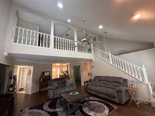 123 Waterford Way, Ashford, AL 36321 - living area featuring high vaulted ceiling, ceiling fan, wood finished floors, recessed lighting, and stairs