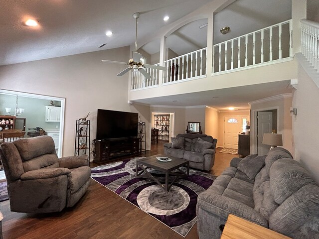 123 Waterford Way, Ashford, AL 36321 - living room with high vaulted ceiling, ceiling fan, wood finished floors, crown molding, and recessed lighting