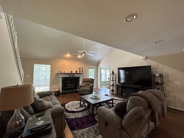 123 Waterford Way, Ashford, AL 36321 - living area with dark wood-style floors, a ceiling fan, ornamental molding, a fireplace, and baseboards