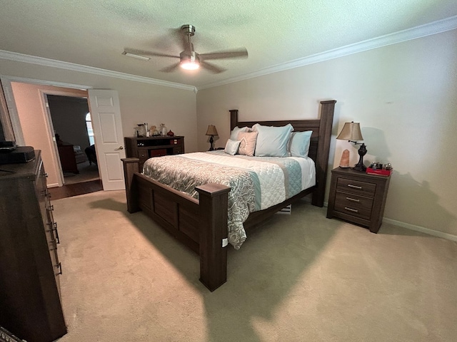 123 Waterford Way, Ashford, AL 36321 - bedroom featuring crown molding, light colored carpet, a ceiling fan, baseboards, and a textured ceiling