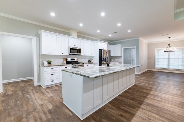 212 Archer Trl, Enterprise, AL 36330 - kitchen with white cabinets, a spacious island, crown molding, dark wood-type flooring, and appliances with stainless steel finishes