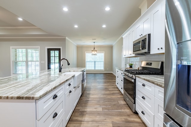 212 Archer Trl, Enterprise, AL 36330 - kitchen featuring crown molding, light stone counters, a large island, appliances with stainless steel finishes, and dark wood-type flooring