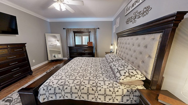 201 W Azalea Ln, Headland, AL 36345 - bedroom with dark wood-type flooring, ornamental molding, and ceiling fan