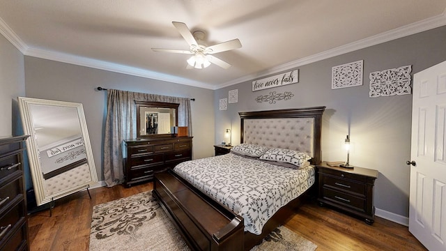 201 W Azalea Ln, Headland, AL 36345 - bedroom with dark wood finished floors, ornamental molding, and ceiling fan
