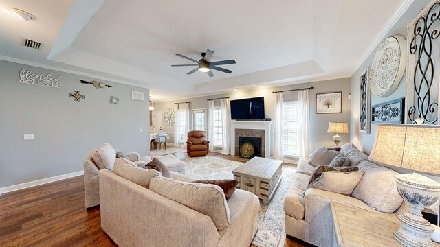 201 W Azalea Ln, Headland, AL 36345 - living room with a tray ceiling, ceiling fan, dark wood finished floors, and a fireplace