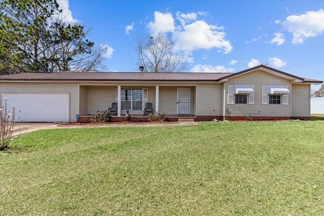 ranch-style house with a garage, a front yard, covered porch, and driveway