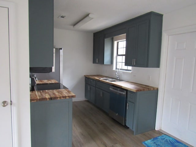 kitchen featuring butcher block counters, dishwasher, hardwood / wood-style floors, and sink