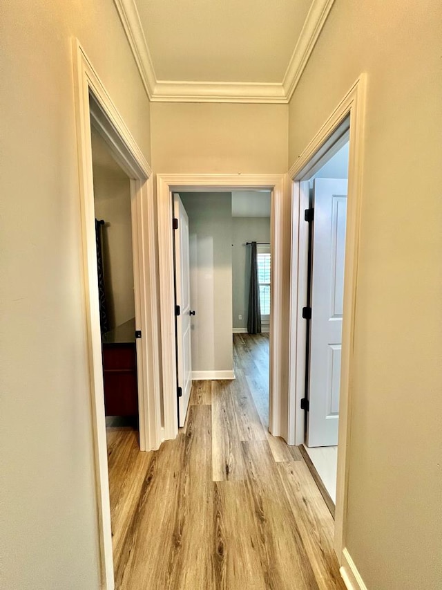 hallway with light hardwood / wood-style floors and crown molding