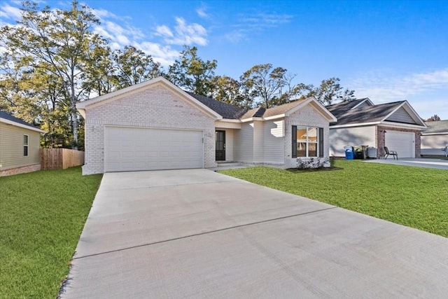 ranch-style home featuring a front yard and a garage