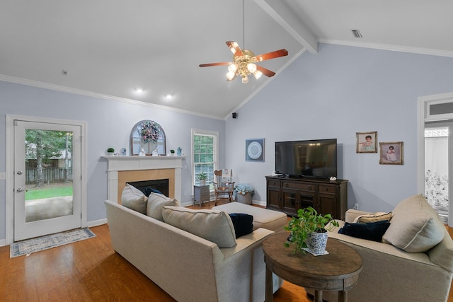 400 Bent Oak Dr, Dothan, AL 36303 - living room with wood finished floors, a ceiling fan, beamed ceiling, a fireplace, and high vaulted ceiling