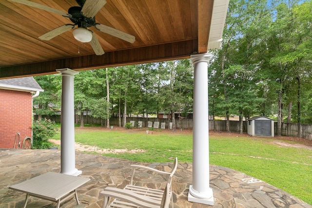 400 Bent Oak Dr, Dothan, AL 36303 - fenced backyard featuring a storage shed, a ceiling fan, and a patio