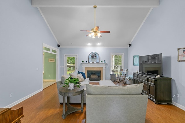 400 Bent Oak Dr, Dothan, AL 36303 - living area featuring crown molding, a ceiling fan, a glass covered fireplace, light wood-style floors, and high vaulted ceiling