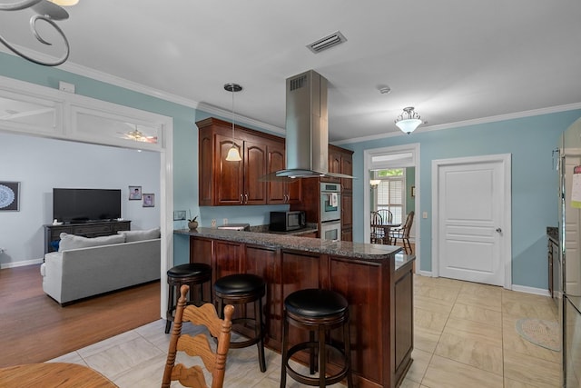 400 Bent Oak Dr, Dothan, AL 36303 - kitchen featuring island range hood, appliances with stainless steel finishes, ornamental molding, dark stone counters, and a peninsula